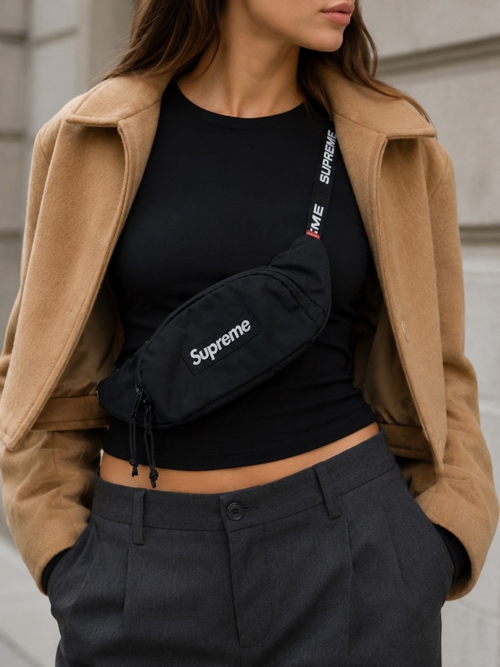 Supreme Black Crossbody Waist Bag with Logo Strap